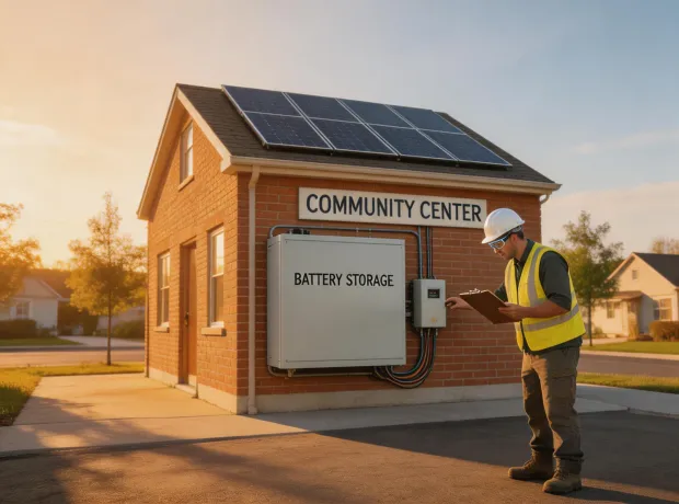 Rural solar battery system serving a community building
